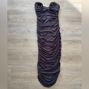 Bobbles and Lace Corset Mesh Overlay Ruched Midi Length Charcoal Bodycon Dress